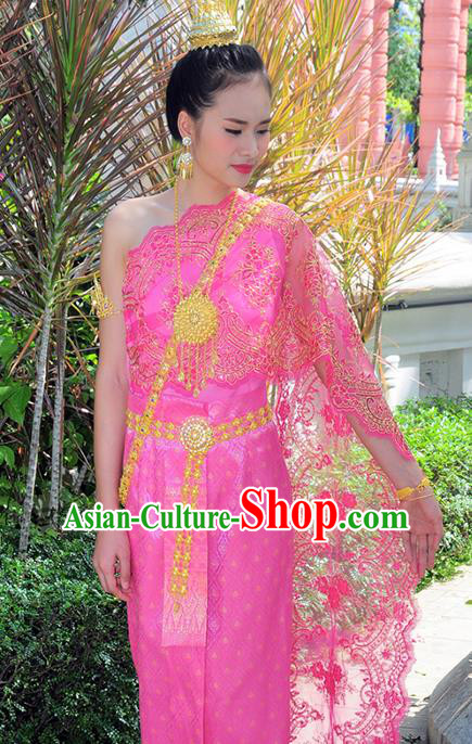 Asian Traditional Thailand Costumes National Handmade Embroidered Rosy Dress for Women