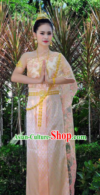 Asian Traditional Thailand Costumes National Handmade Embroidered Pink Dress for Women