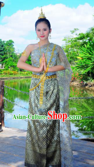 Asian Traditional Thailand Costumes National Handmade Embroidered Blue Dress for Women