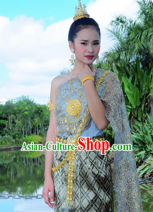 Asian Traditional Thailand Costumes National Handmade Embroidered Blue Dress for Women