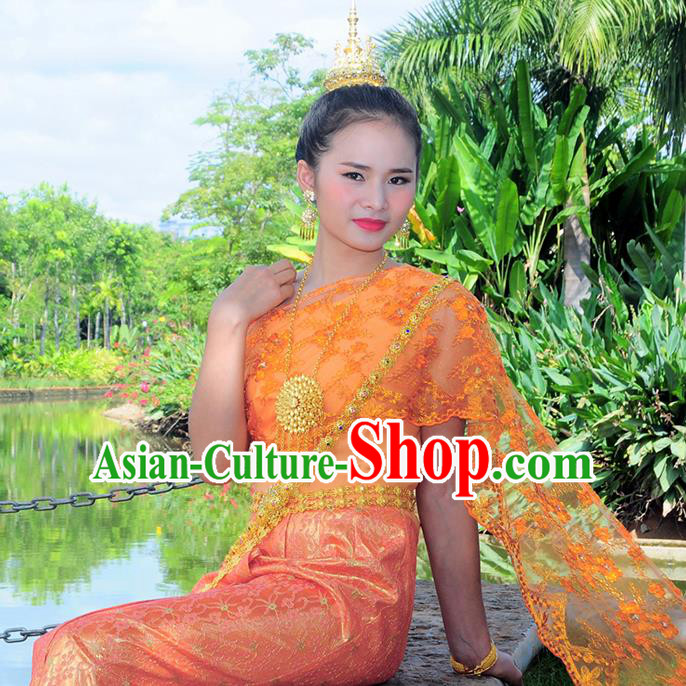 Asian Traditional Thailand Costumes National Handmade Embroidered Orange Dress for Women
