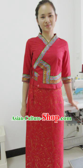 Asian Chinese Ethnic Costumes Traditional Dai Nationality Folk Dance Red Dress for Women