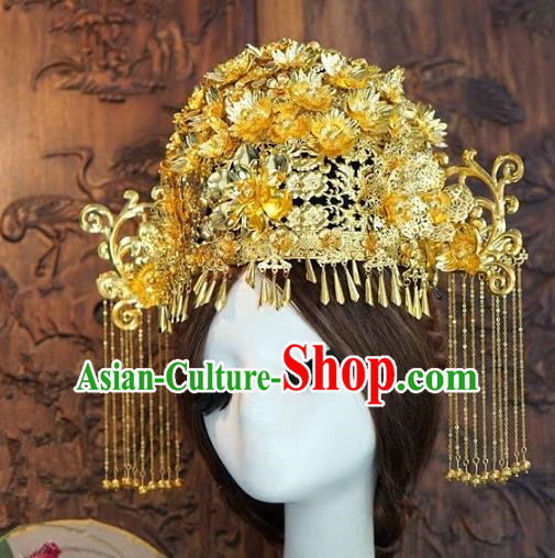 Chinese Handmade Classical Hairpins Hair Accessories Ancient Golden Tassel Phoenix Coronet for Women