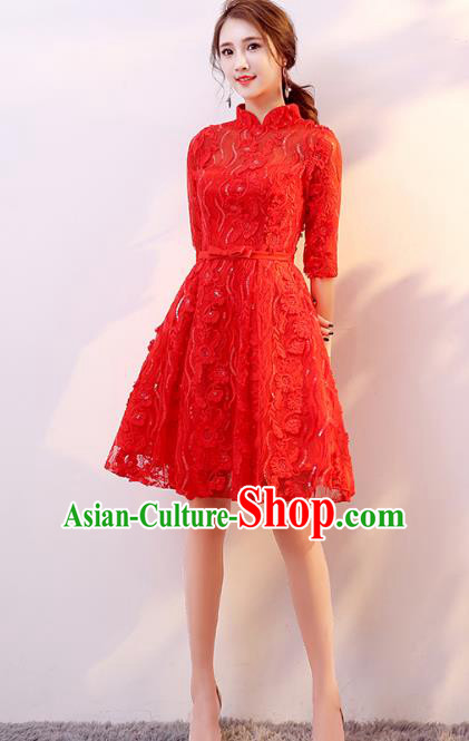 Professional Modern Dance Costume Chorus Group Clothing Bride Toast Red Lace Cheongsam Dress for Women