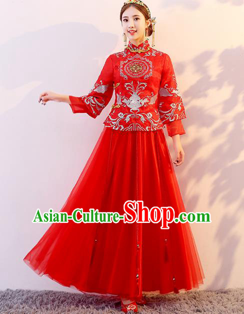 Traditional Chinese Wedding Costume Ancient Bride Embroidered Red Xiuhe Suit Clothing for Women