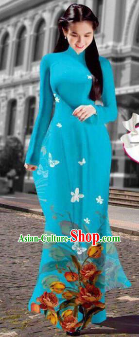 Asian Vietnam Costume Vietnamese Trational Dress Printing Blue Ao Dai Cheongsam Clothing for Women