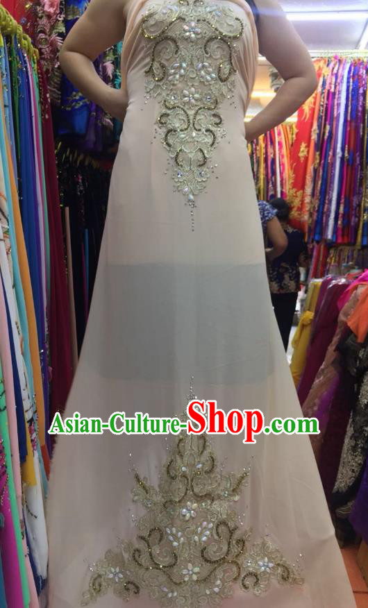 Asian Vietnam Costume Vietnamese Trational Dress Champagne Embroidered Ao Dai Cheongsam Clothing for Women