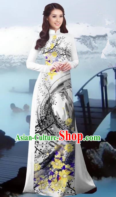 Asian Vietnam Costume Vietnamese Trational Dress Printing White Ao Dai Cheongsam Clothing for Women
