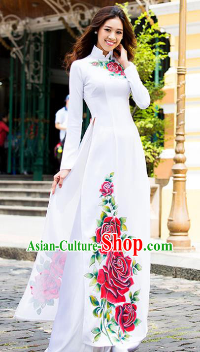 Asian Vietnam Costume Vietnamese Trational Dress Printing Rose White Ao Dai Cheongsam Clothing for Women