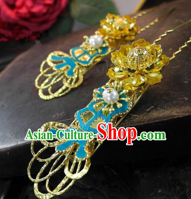 Chinese Handmade Classical Golden Lotus Hairpins Hair Accessories Ancient Bride Headwear Hair Clip for Women