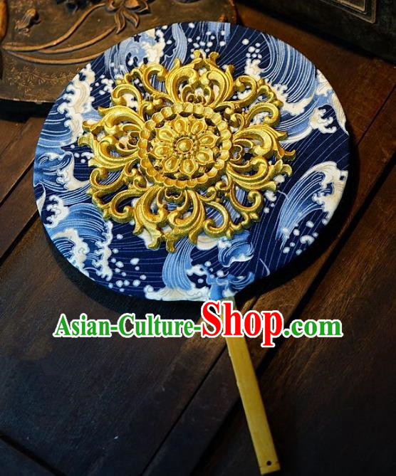 Chinese Handmade Classical Stage Performance Fans Ancient Palace Lady Blue and White Porcelain Round Fans for Women