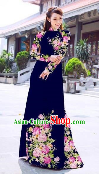 Asian Vietnam Palace Costume Vietnamese Trational Dress Printing Rose Royalblue Ao Dai Cheongsam Clothing for Women