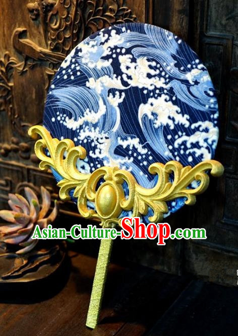 Chinese Handmade Classical Stage Performance Blue Fans Ancient Palace Lady Blue and White Porcelain Round Fans for Women