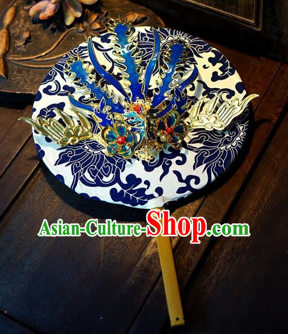 Chinese Handmade Classical Stage Performance Phoenix Fans Ancient Palace Lady Blue and White Porcelain Round Fans for Women
