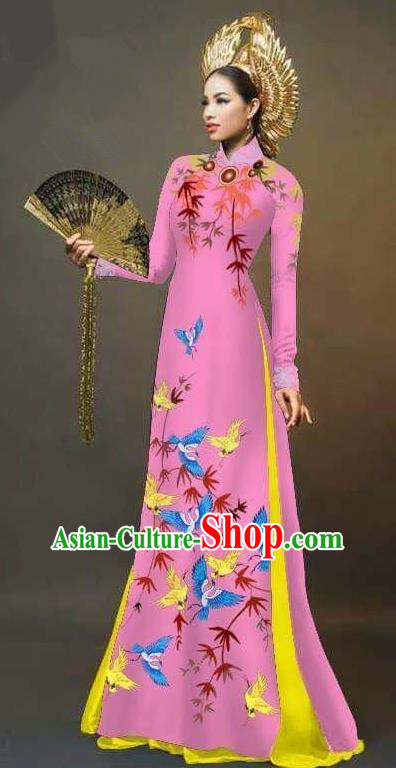 Asian Vietnam National Costume Vietnamese Trational Dress Printing Bamboo Pink Ao Dai Cheongsam for Women