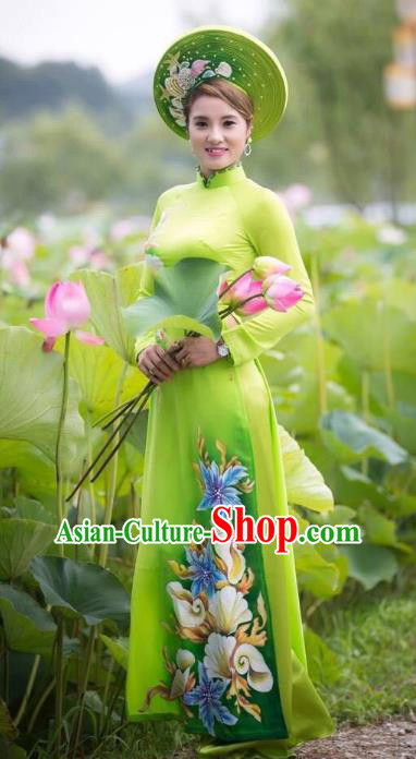 Asian Vietnam National Costume Vietnamese Bride Trational Dress Printing Green Ao Dai Cheongsam for Women