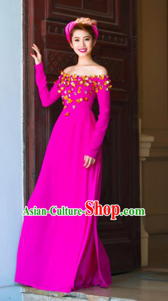 Asian Vietnam National Costume Vietnamese Bride Trational Dress Rosy Ao Dai Cheongsam for Women