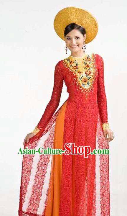 Asian Vietnam Costume Vietnamese Bride Trational Red Ao Dai Cheongsam Dress and Hats for Women