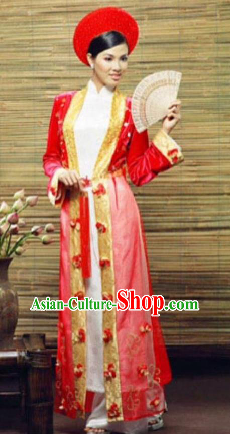 Asian Vietnam Costume Vietnamese Bride Trational Red Embroidered Ao Dai Cheongsam Dress and Hats for Women