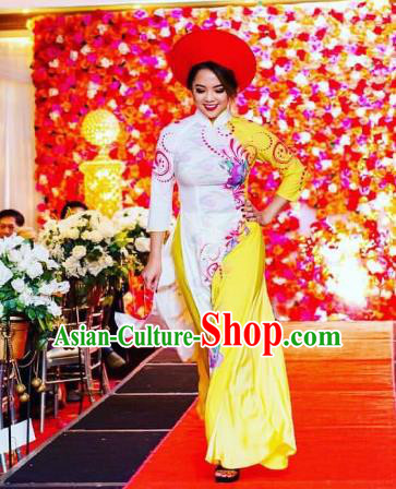 Asian Vietnam Costume Vietnamese Bride Trational Stage Performance Printing Ao Dai Cheongsam Dress for Women
