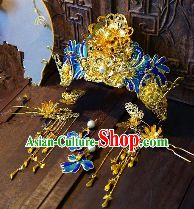 Chinese Handmade Classical Hair Accessories Hair Clip Ancient Blueing Hairpins Complete Set for Women