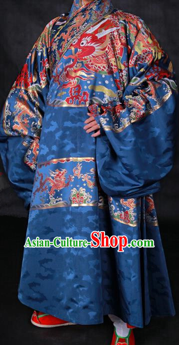 Ancient Chinese Ming Dynasty Palace Emperor Embroidered Costume Blue Robe for Men