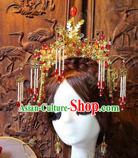 Chinese Handmade Classical Hair Accessories Ancient Red Tassel Phoenix Coronet Hairpins Complete Set for Women