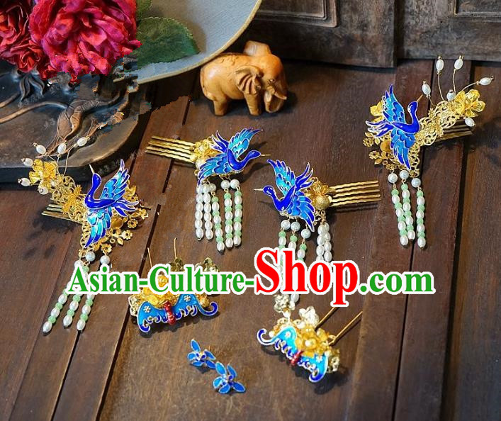 Chinese Handmade Classical Hair Accessories Ancient Blueing Crane Hairpins Hair Clip for Women