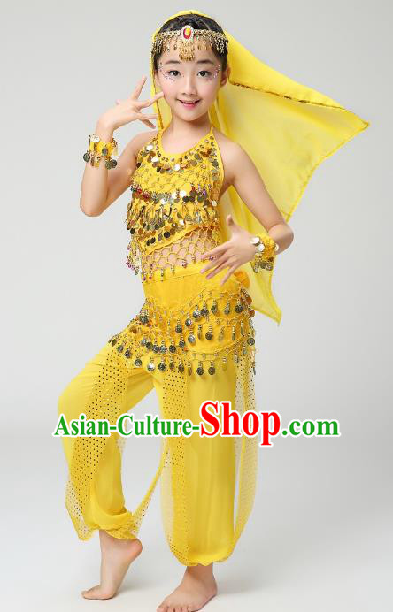 Traditional India Dance Yellow Costume, Asian Indian Belly Dance Paillette Clothing for Kids