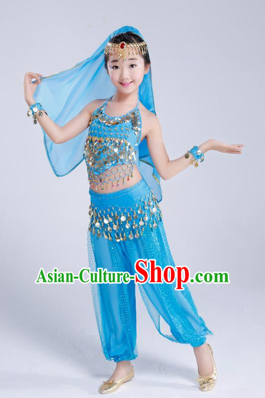 Traditional India Dance Blue Costume, Asian Indian Belly Dance Paillette Clothing for Kids