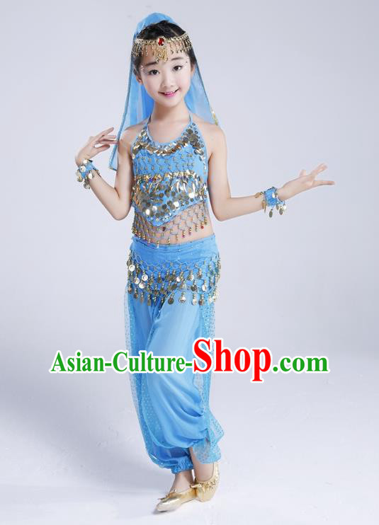 Traditional India Dance Light Blue Costume, Asian Indian Belly Dance Paillette Clothing for Kids
