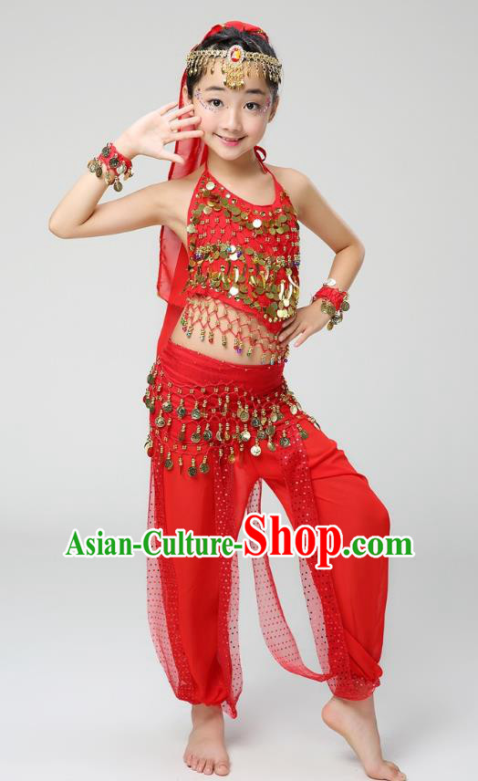 Traditional India Dance Red Costume, Asian Indian Belly Dance Paillette Clothing for Kids