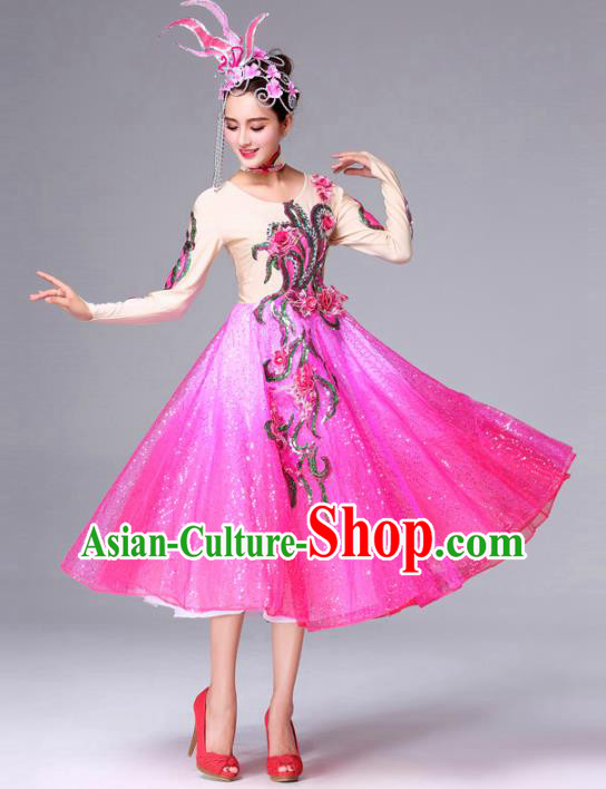 Traditional Chinese Yangge Fan Dance Costume, Folk Dance Yangko Classical Dance Pink Dress for Women