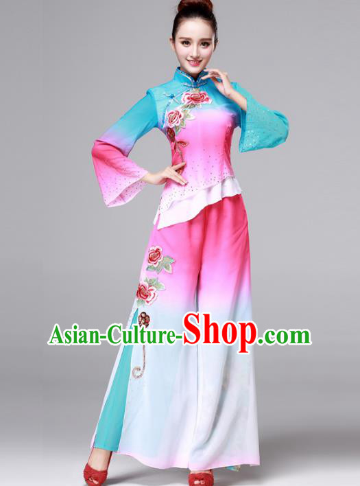 Traditional Chinese Yangge Fan Dance Costume, Folk Yangko Dance Drum Dance Pink Clothing for Women