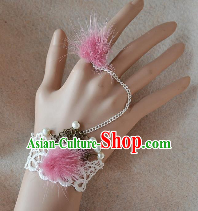 European Western Bride Vintage Renaissance Pink Venonat Lace Bracelet with Ring for Women