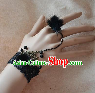 European Western Bride Vintage Renaissance Black Venonat Lace Bracelet with Ring for Women