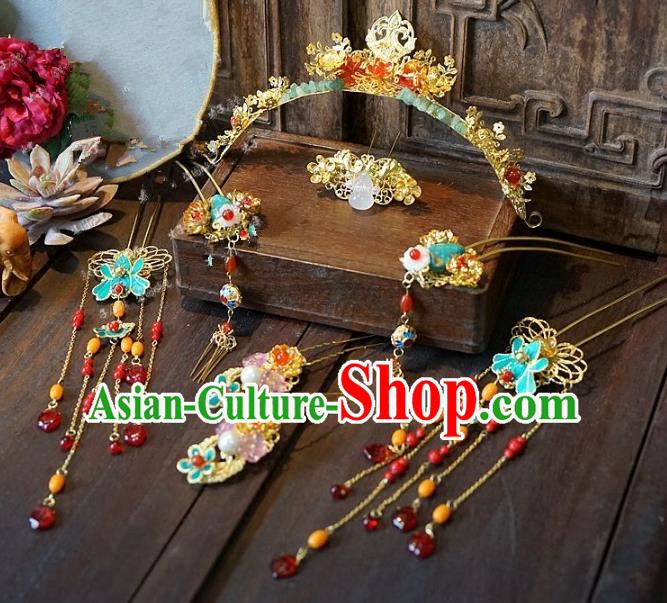 Chinese Handmade Classical Wedding Hairpins Ancient Hanfu Hair Accessories Phoenix Coronet Complete Set for Women