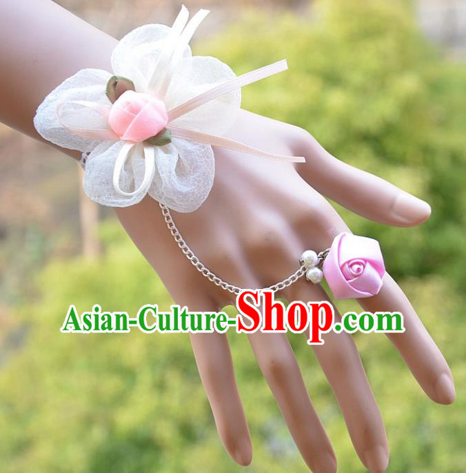 European Western Bride Wrist Accessories Vintage Renaissance Pink Flower Gothic Bracelet with Ring for Women