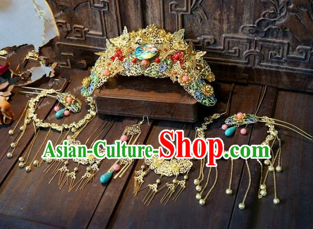 Chinese Handmade Classical Wedding Hairpins Ancient Hanfu Hair Accessories Golden Phoenix Coronet Set for Women