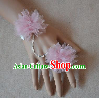 European Western Bride Wrist Accessories Vintage Renaissance Pink Flowers Bracelet with Ring for Women