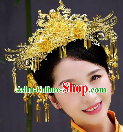 Chinese Handmade Classical Wedding Hairpins Ancient Hanfu Hair Accessories Golden Butterfly Phoenix Coronet for Women