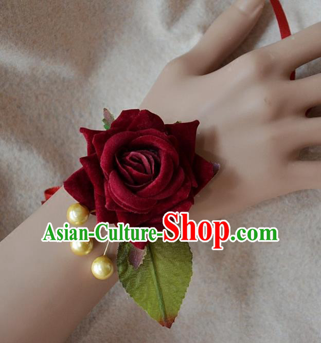 European Western Bride Wrist Flowers Vintage Renaissance Wine Red Rose Bracelet for Women