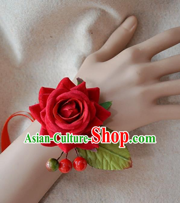 European Western Bride Wrist Flowers Vintage Renaissance Red Rose Bracelet for Women