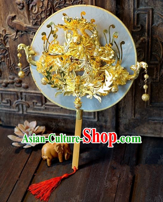 Chinese Handmade Classical Wedding Golden Fans Ancient Palace Round Fans for Women