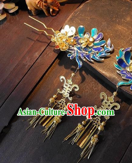 Chinese Handmade Classical Wedding Blueing Tassel Hairpins Ancient Hanfu Hair Clip Hair Accessories for Women