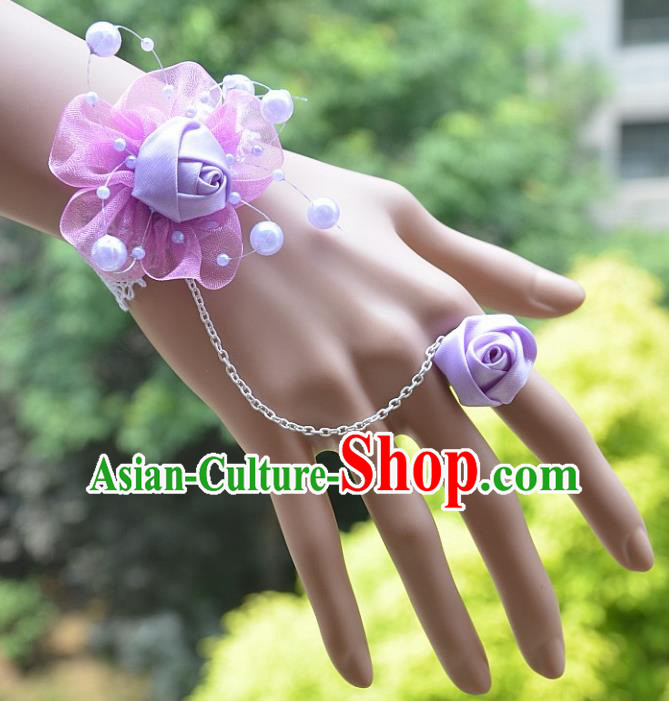 European Western Bride Vintage Jewelry Accessories Renaissance Purple Flower Bracelet with Ring for Women