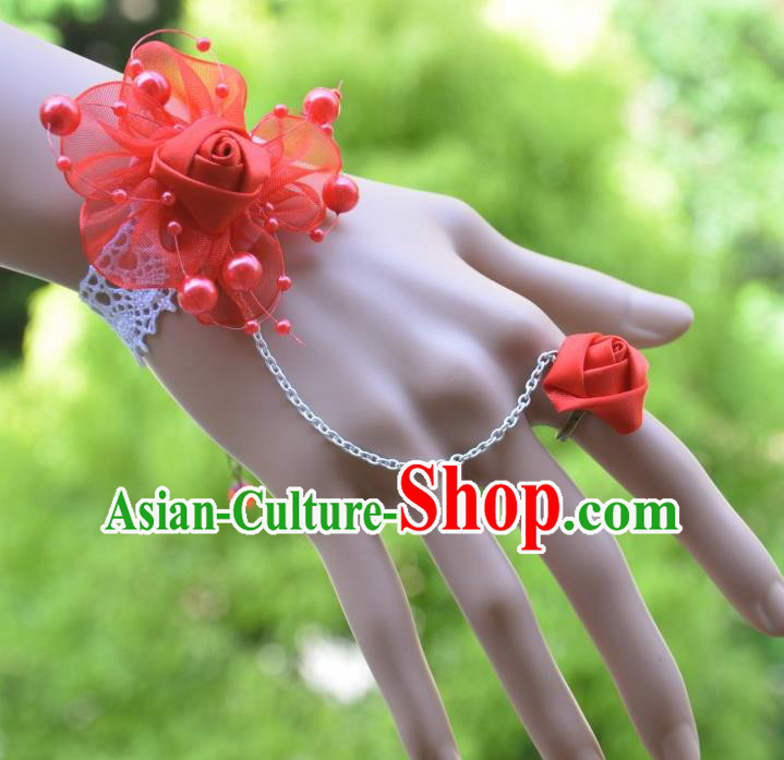 European Western Bride Vintage Jewelry Accessories Renaissance Red Flower Bracelet with Ring for Women