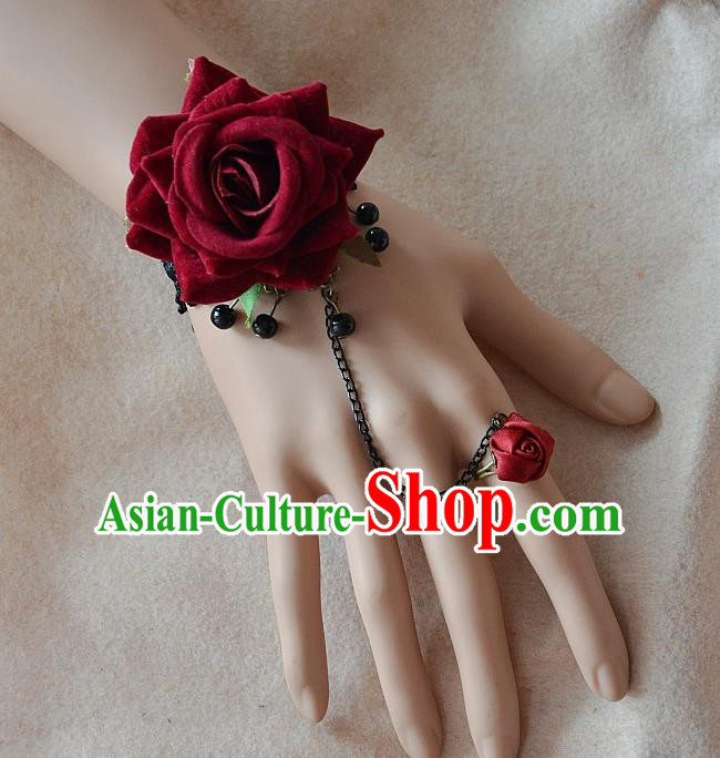European Western Bride Vintage Jewelry Accessories Renaissance Wine Red Rose Bracelet with Ring for Women