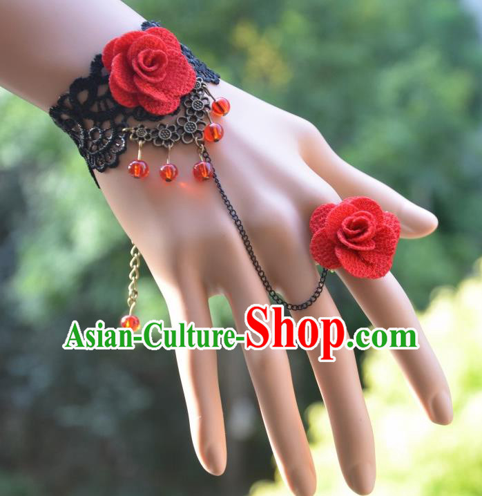 European Western Bride Vintage Jewelry Accessories Renaissance Black Lace Flower Bracelet with Ring for Women