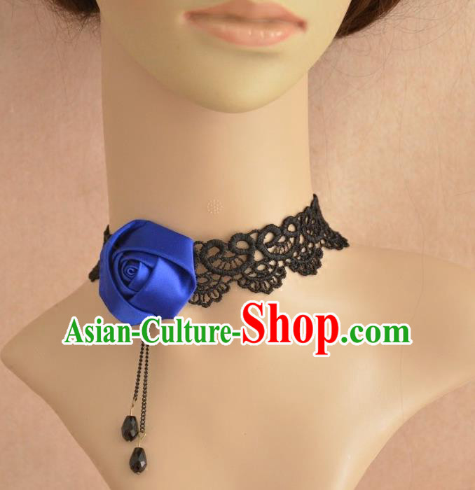 European Western Vintage Jewelry Accessories Renaissance Bride Blue Satin Rose Necklace for Women